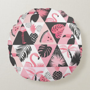 Patchwork Tropical: Flamingo Watermeloen Naadloos. Rond Kussen