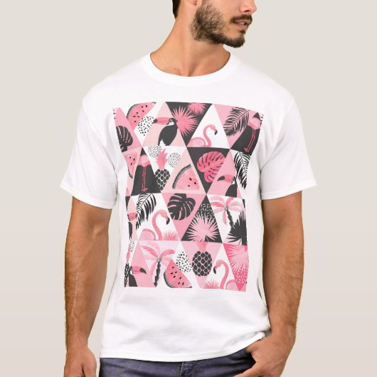 Patchwork Tropical: Flamingo Watermeloen Naadloos. T-shirt (Voorkant)