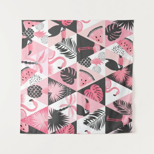 Patchwork Tropical: Flamingo Watermeloen Naadloos. Wandkleed (Voorkant (horizontaal))