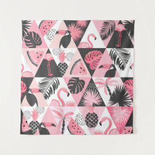 Patchwork Tropical: Flamingo Watermeloen Naadloos. Wandkleed