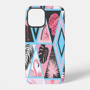 Patchwork tropische flamingo, palmpatroon. iPhone 12 hoesje