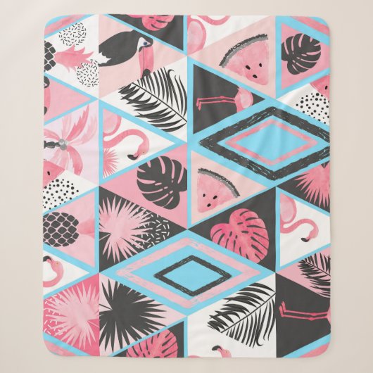 Patchwork tropische flamingo, palmpatroon. sherpa deken (Voorkant)