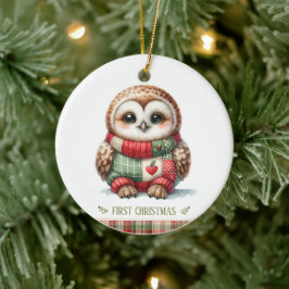 Patchwork Uil Eerste Kerstmis Aandenken Foto Keramisch Ornament