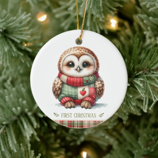 Patchwork Uil Eerste Kerstmis Aandenken Foto Keramisch Ornament (Boom)