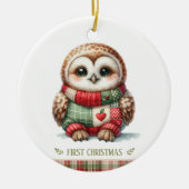 Patchwork Uil Eerste Kerstmis Aandenken Foto Keramisch Ornament (Voorkant)