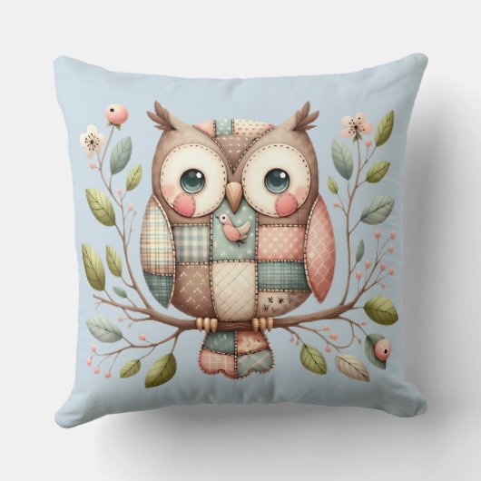 Patchwork Uil in Fantasievol Boslandschap Kussen (Achterkant)
