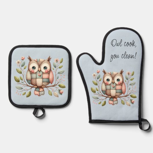 Patchwork Uil in grillig bos Ovenwant & Pannenlap Set (Voorkant)