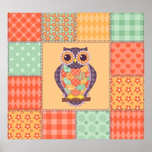 Patchwork Uil Naadloos Patroon Poster (Voorkant)
