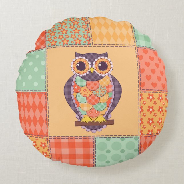 Patchwork Uil  Naadloos Patroon Rond Kussen (Voorkant)