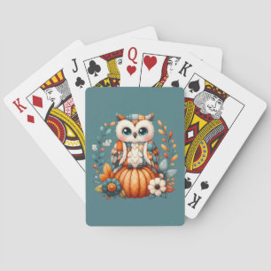 Patchwork Uil op pompoen — Cottagecore Herfst Pokerkaarten