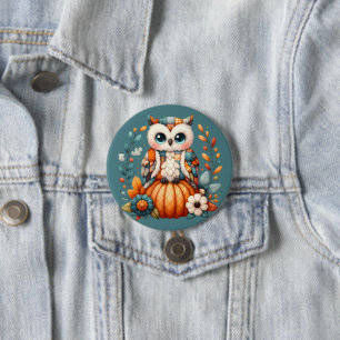 Patchwork Uil op pompoen — Cottagecore Herfst Ronde Button 7,6 Cm