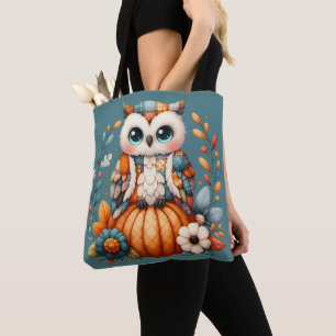 Patchwork Uil op pompoen — Cottagecore Herfst Tote Bag