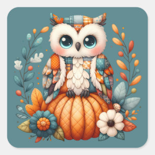 Patchwork Uil op pompoen — Cottagecore Herfst Vierkante Sticker