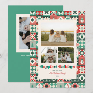 Patchwork Vakantie Rood en Groen Drie Foto Feestdagenkaart