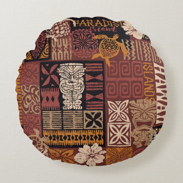 Patchwork van Hawaiiaanse stijl tribale motieven Rond Kussen (Voorkant)