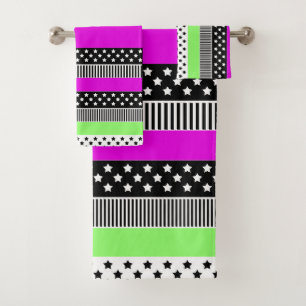 Patchwork van zwart-wit en neon strepen bad handdoek