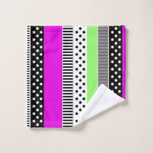 Patchwork van zwart-wit en neon strepen bad handdoek (Wasdoekje)