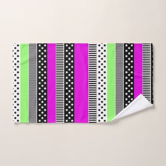 Patchwork van zwart-wit en neon strepen bad handdoek (Handdoek)