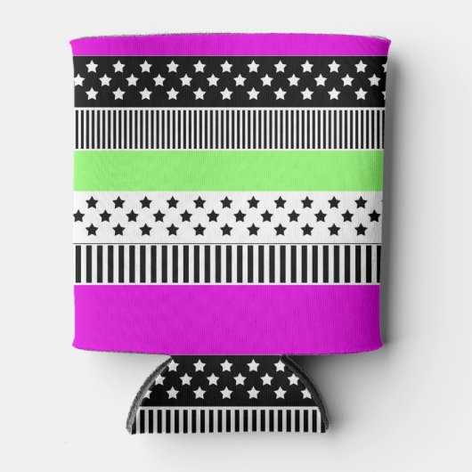 Patchwork van zwart-wit en neon strepen blikjeskoeler (Voorkant)