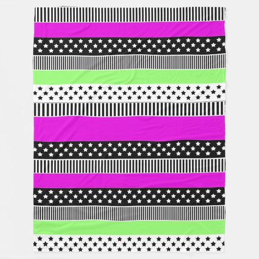 Patchwork van zwart-wit en neon strepen fleece deken (Voorkant)