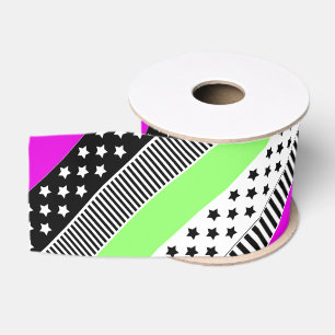 Patchwork van zwart-wit en neon strepen grosgrain lint