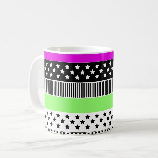 Patchwork van zwart-wit en neon strepen koffiemok (Voorkant links)