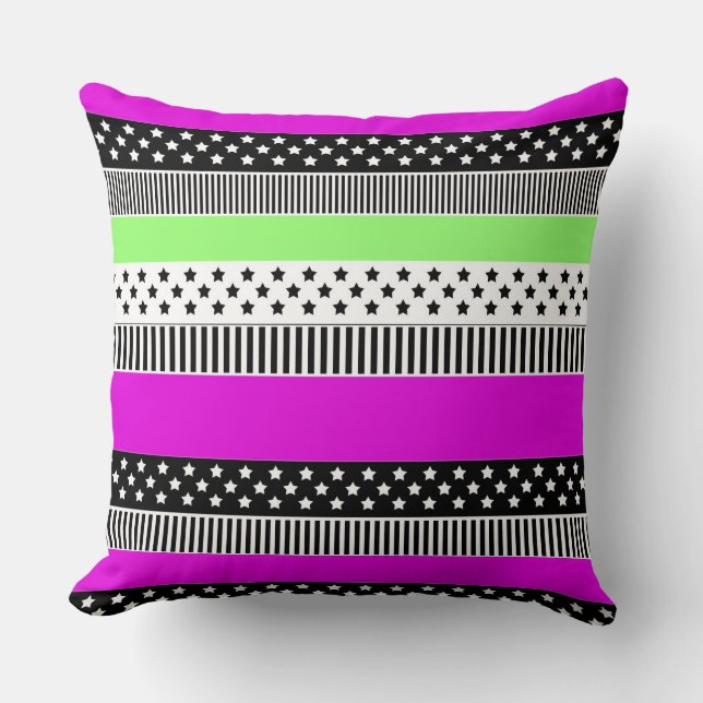 Patchwork van zwart-wit en neon strepen kussen (Voorkant)