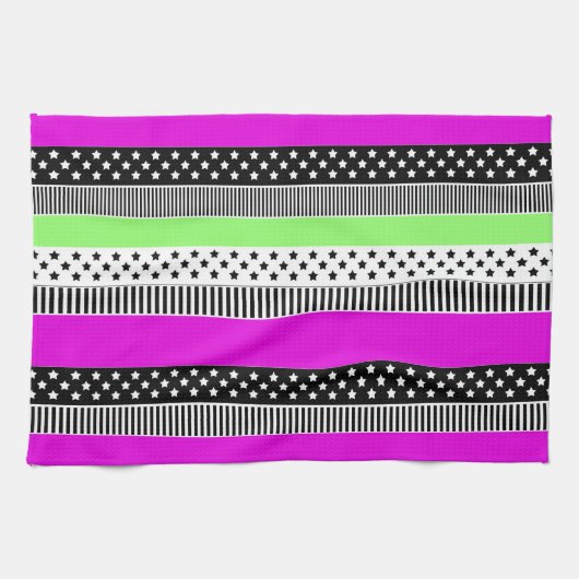 Patchwork van zwart-wit en neon strepen theedoek (Horizontaal)