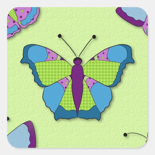 Patchwork Vlinderpatroon op Groen Vierkante Sticker (Voorkant)