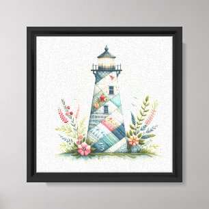 Patchwork Vuurtoren Kust Bloemenscène Canvas Afdruk