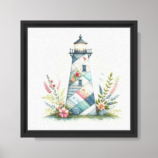 Patchwork Vuurtoren Kust Bloemenscène Canvas Afdruk (Voorkant)