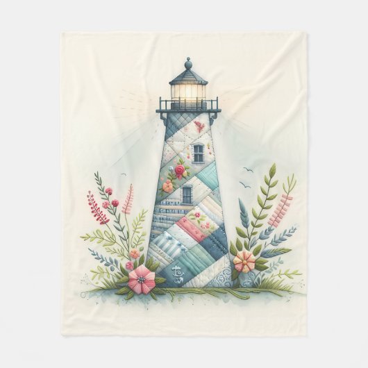 Patchwork Vuurtoren Kust Bloemenscène Fleece Deken (Voorkant)
