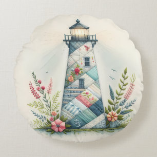 Patchwork Vuurtoren Kust Bloemenscène Rond Kussen