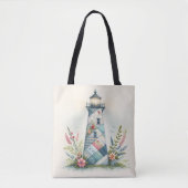Patchwork Vuurtoren Kust Bloemenscène Tote Bag (Voorkant)