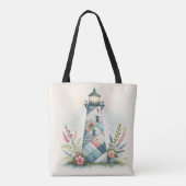 Patchwork Vuurtoren Kust Bloemenscène Tote Bag (Achterkant)