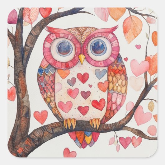 Patchwork Waterverf Uil Valentijn Kaart Vierkante Sticker (Voorkant)