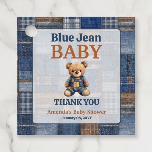 Patchwork Western Denim Bear Blue Jean Baby Shower Bedankjes Labels (Voorkant)