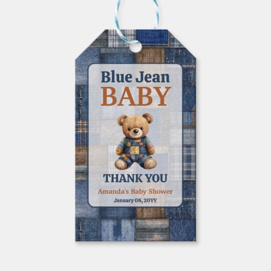 Patchwork Western Denim Bear Blue Jean Baby Shower Cadeaulabel (Voorkant)
