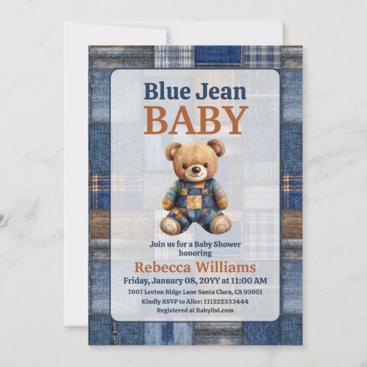 Patchwork Western Denim Bear Blue Jean Baby Shower Kaart (Voorkant)