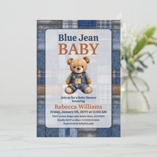 Patchwork Western Denim Bear Blue Jean Baby Shower Kaart (Staand voorkant)