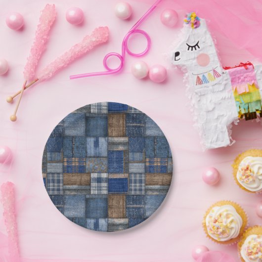 Patchwork Western Denim Bear Blue Jean Baby Shower Papieren Bordje (Feest)