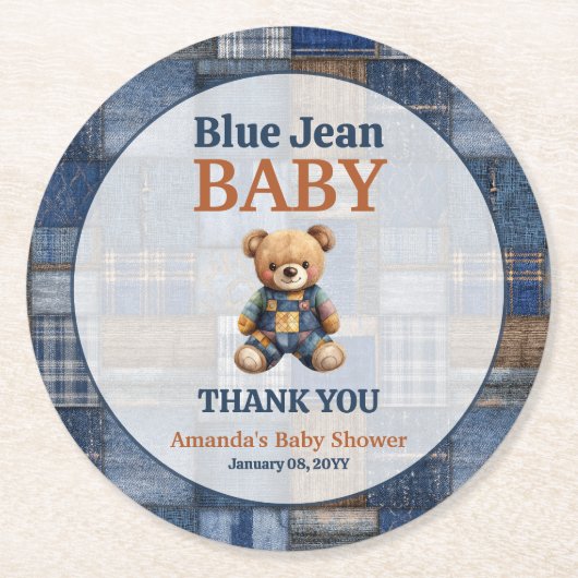 Patchwork Western Denim Bear Blue Jean Baby Shower Ronde Kartonnen Onderzetter (Voorkant)
