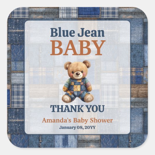 Patchwork Western Denim Bear Blue Jean Baby Shower Vierkante Sticker (Voorkant)