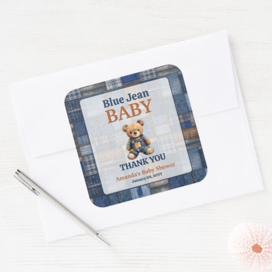 Patchwork Western Denim Bear Blue Jean Baby Shower Vierkante Sticker (Envelop)