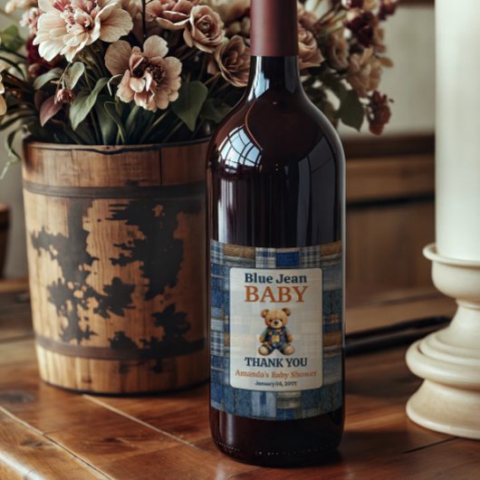 Patchwork Western Denim Bear Blue Jean Baby Shower Wijn Etiket