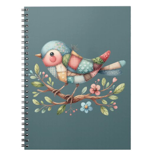Patchwork Zangvogel op Bloeiende Tak Notitieboek (Voorkant)
