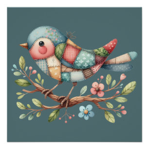 Patchwork Zangvogel op Bloeiende Tak Perfect Poster
