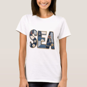 Patchwork Zee Gewatteerde PNG Kust Naai Ontwerp T-shirt