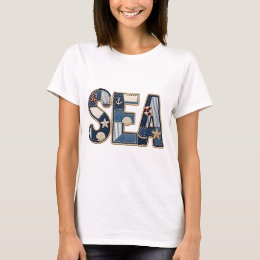 Patchwork Zee Gewatteerde PNG Kust Naai Ontwerp T-shirt (Voorkant)