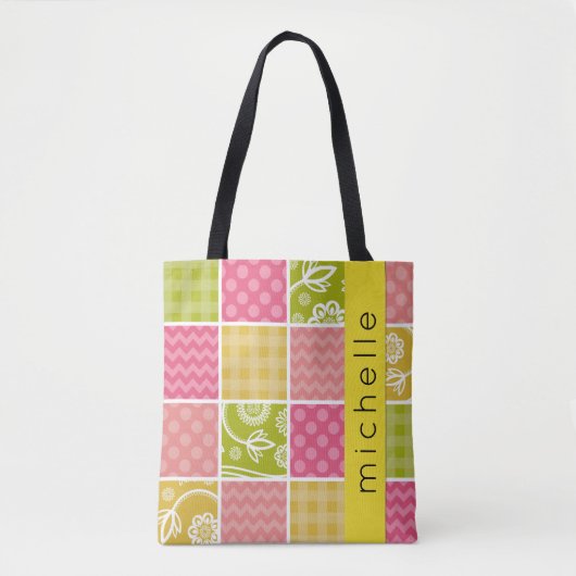Patchwork, zigzag, Polka Dots, Gingham, Jouw naam Tote Bag (Voorkant)